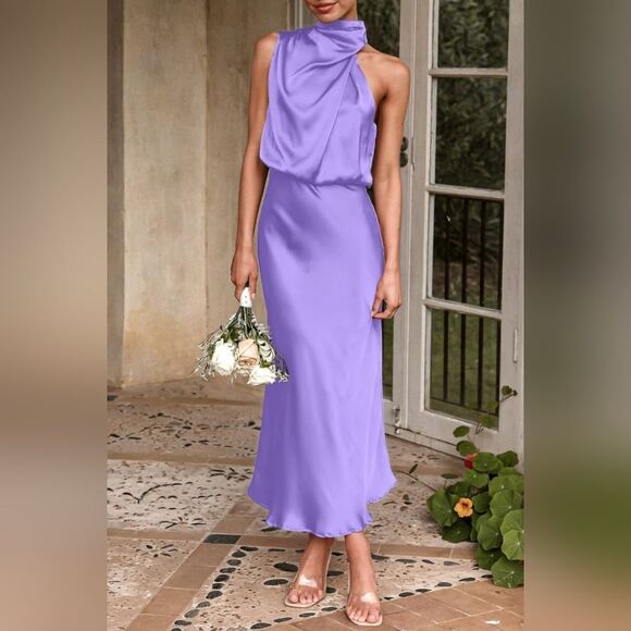 PRETTYGARDEN Purple Satin Asymmetric Mockneck Midi Dress - Picture 7 of 11